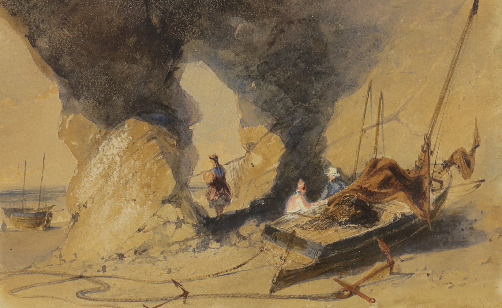 19th century English school, oil on board, Fishing boat at sea, 21 x 29cm and a watercolour of beached fishing boats, 15 x 22cm